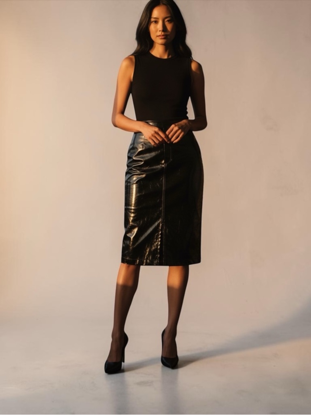 Blank NYC Black Faux Leather Midi Pencil Skirt